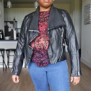Faux Leather Jacket w/ Waterfall Collar